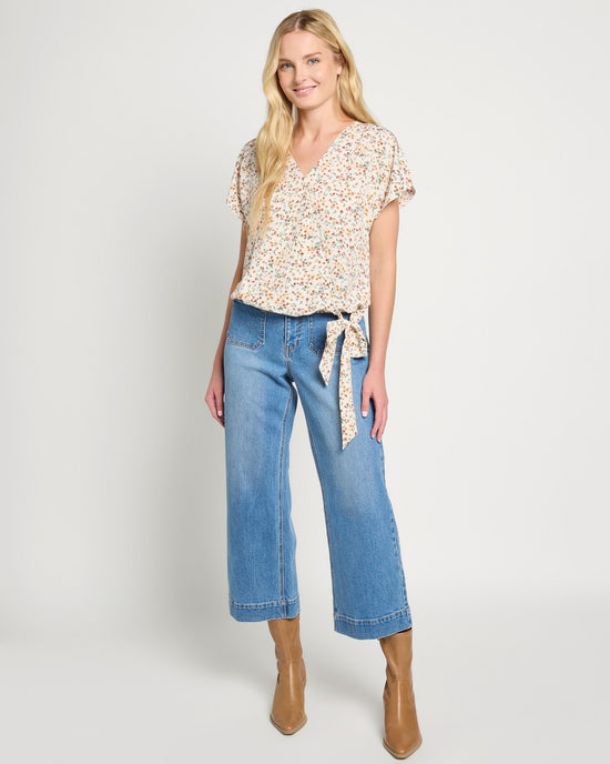 Ecru Ditsy Floral $|& West Kei Floral Woven Short Sleeve Surplice Top - UGC On Fig