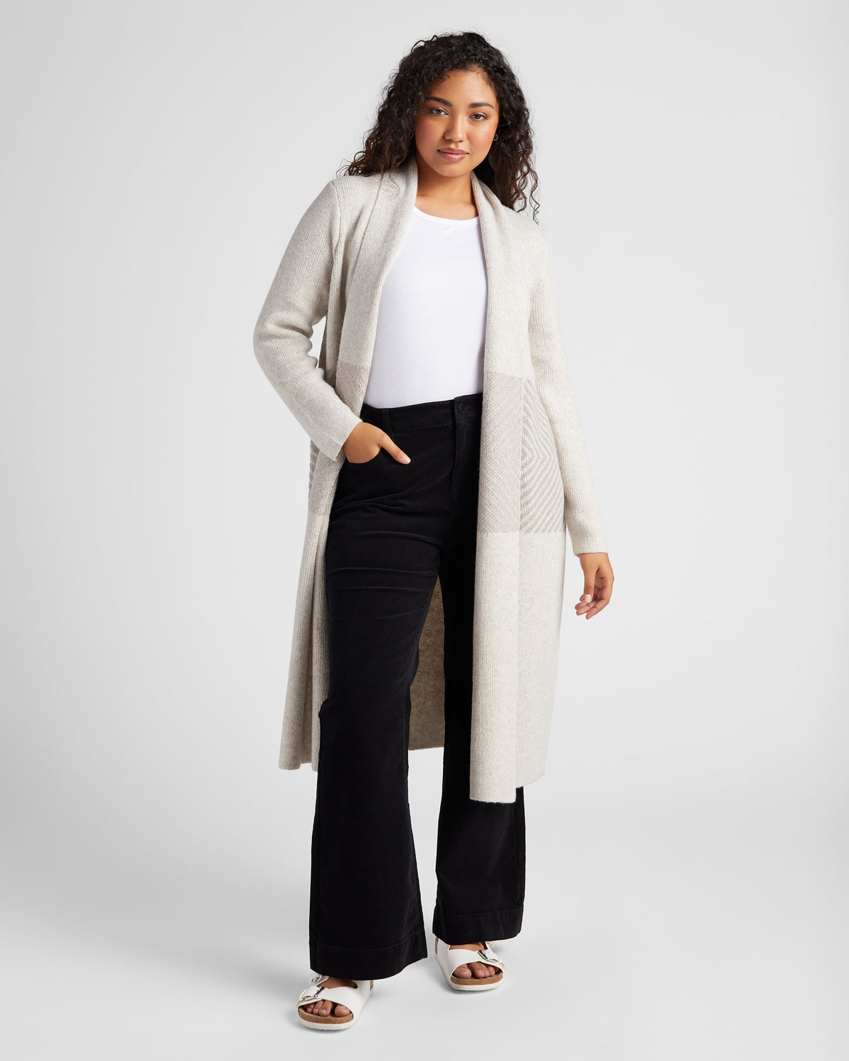 Oatmeal/Dove $|& Bobeau Long Shawl Neck Cardigan - SOF Front