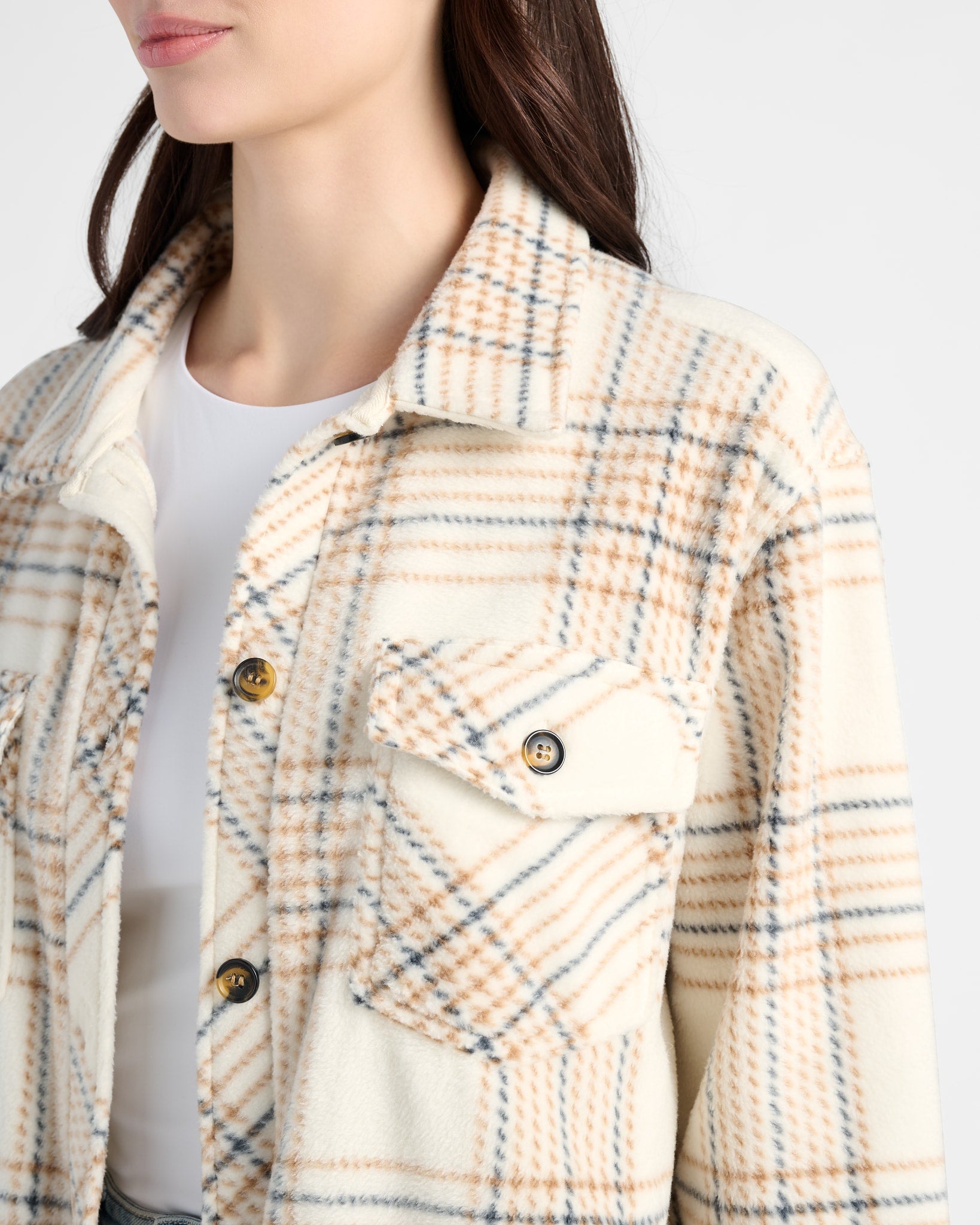 Cream Taupe Plaid $|& Thread & Supply Tullis Polar Fleece Shacket - SOF Full Front