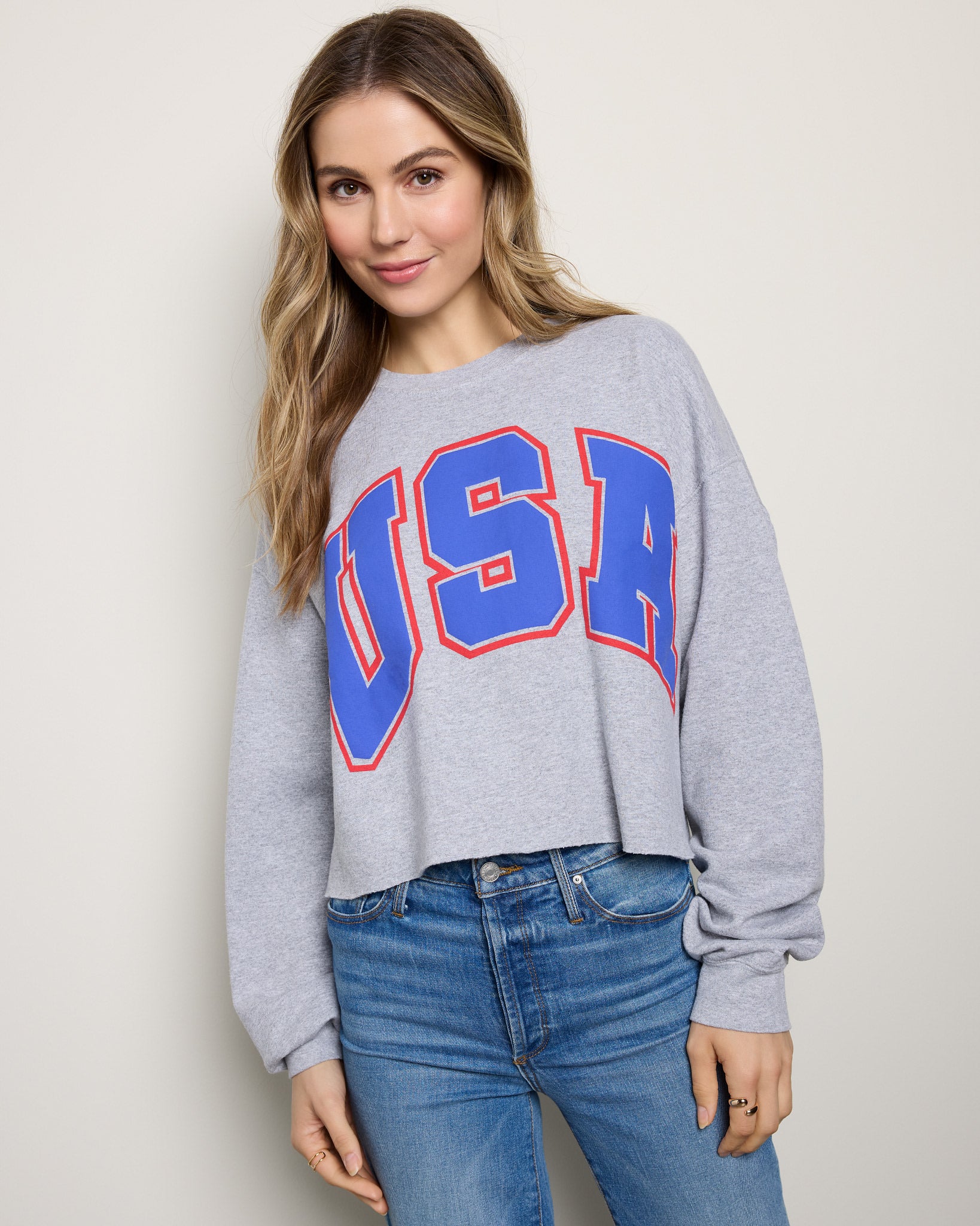 Heather Grey $|& Project Social T Cropped USA Sweatshirt - SOF Front