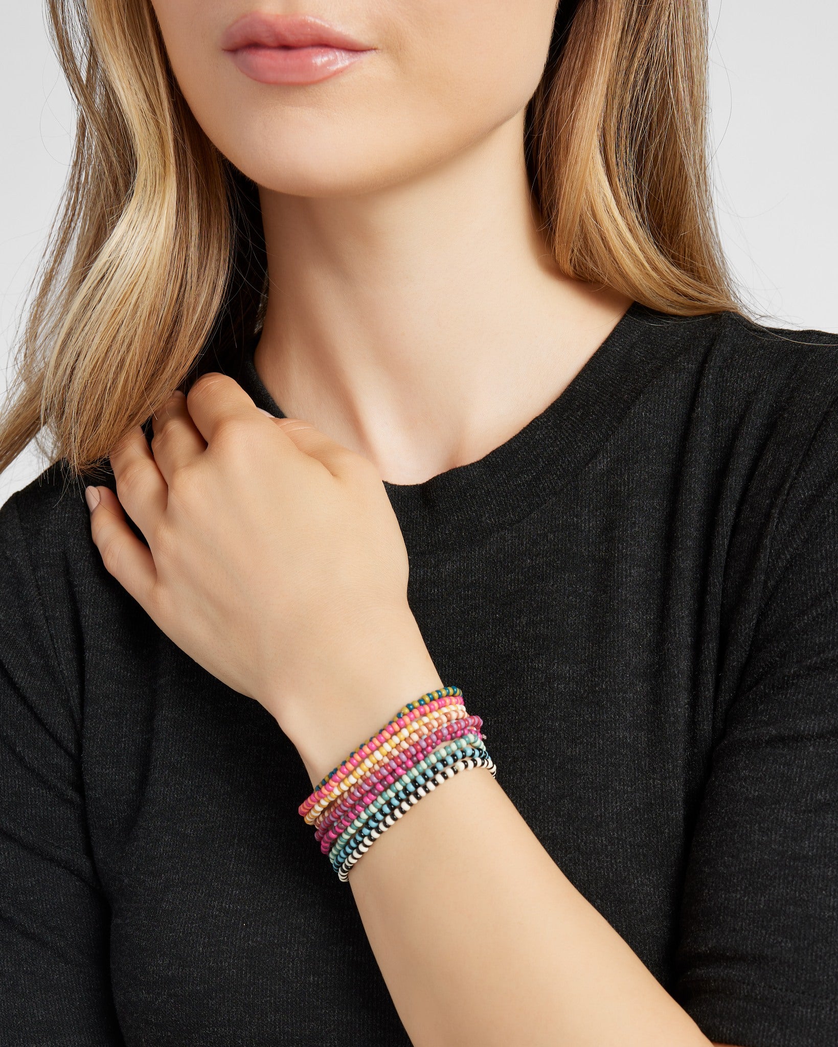 Multicolor $|& Ink + Alloy Seed Bead Stretch Bracelets - Set of 10 - SOF Front