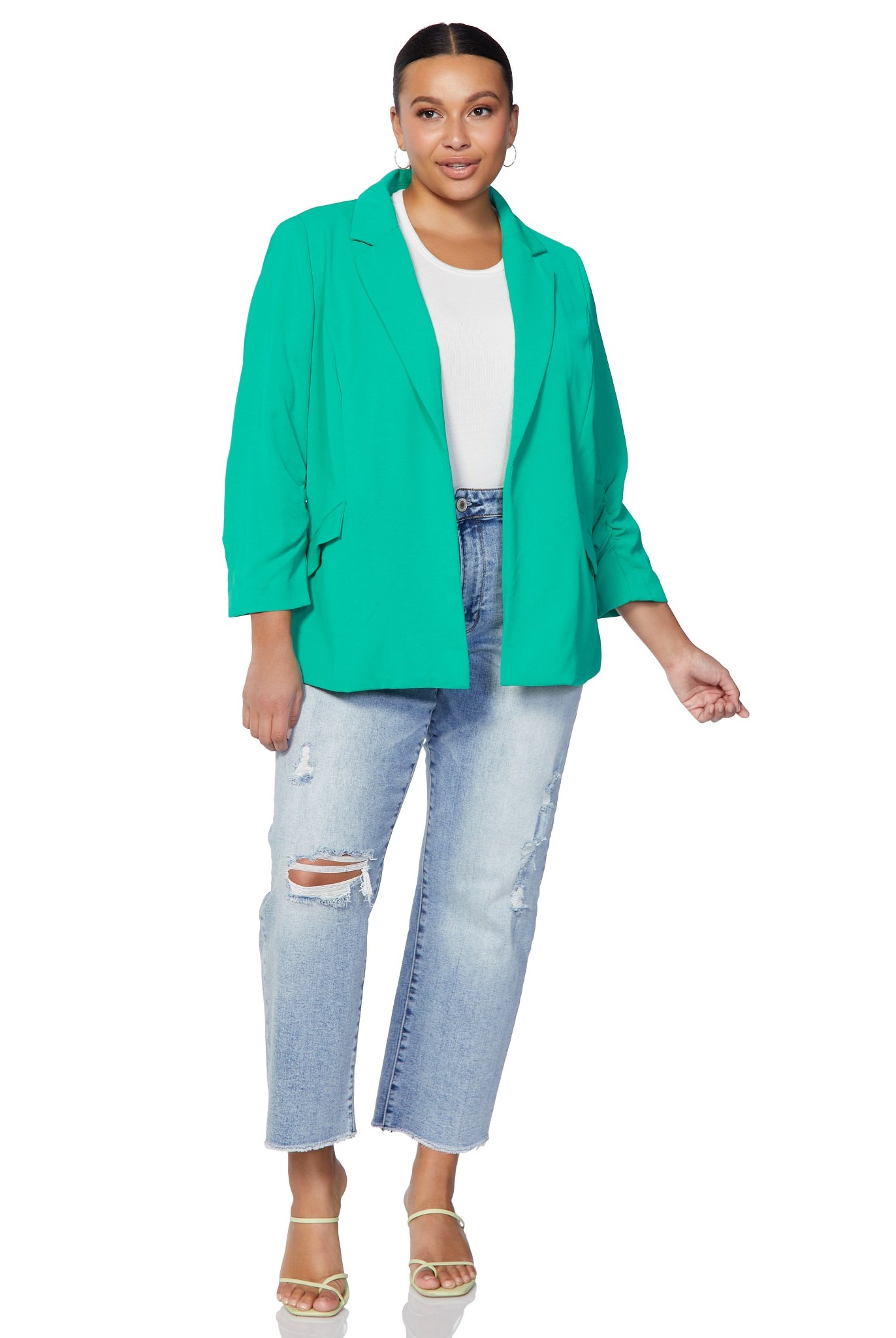 Emerald Green $|& Skies Are Blue Recycled Shirred Sleeve Blazer - SOF Full Front
