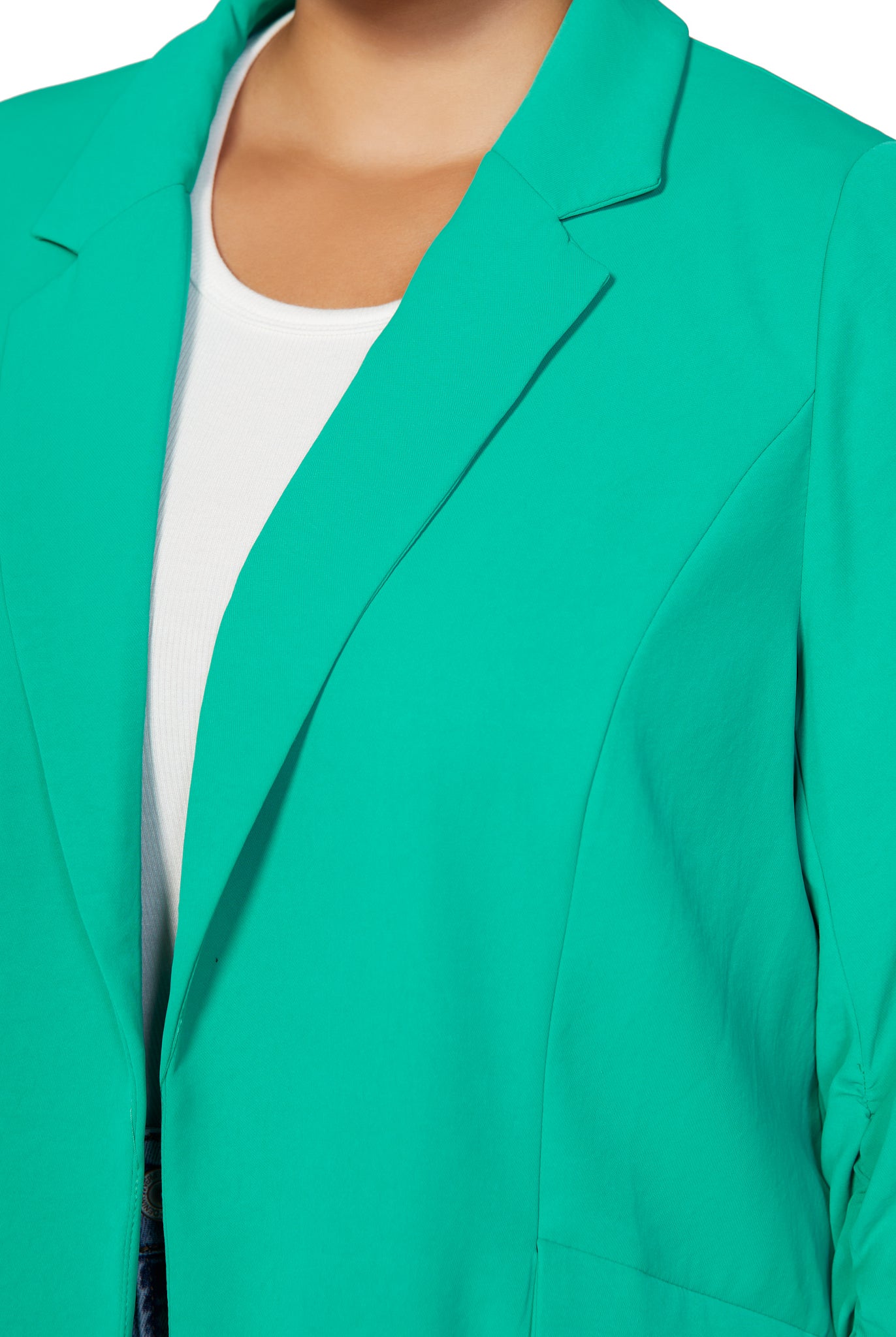 Emerald Green $|& Skies Are Blue Recycled Shirred Sleeve Blazer - SOF Detail