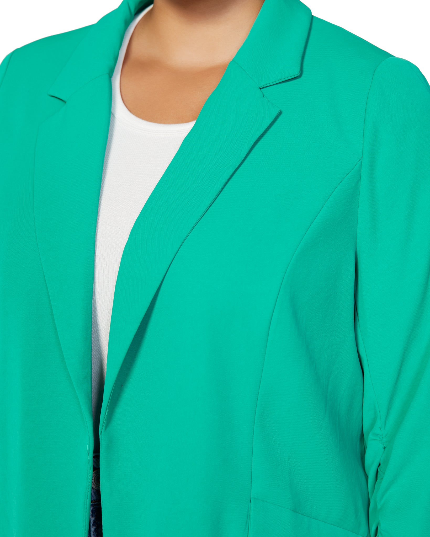 Emerald Green $|& Skies Are Blue Recycled Shirred Sleeve Blazer - SOF Detail