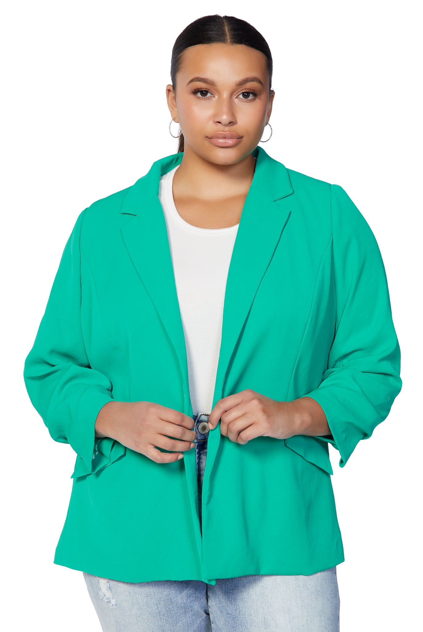 Emerald Green $|& Skies Are Blue Recycled Shirred Sleeve Blazer - SOF Front