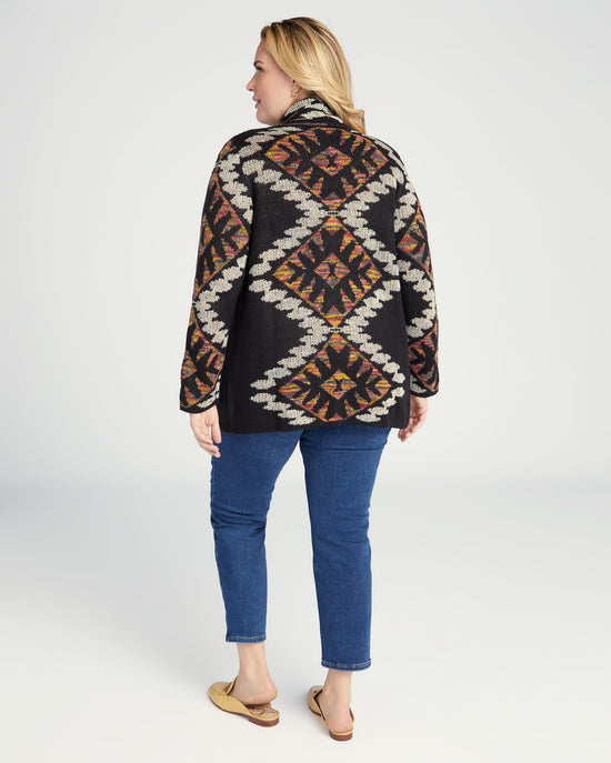 Black $|& Woven Heart Shawl Collar Aztec Print Cardigan - SOF Back
