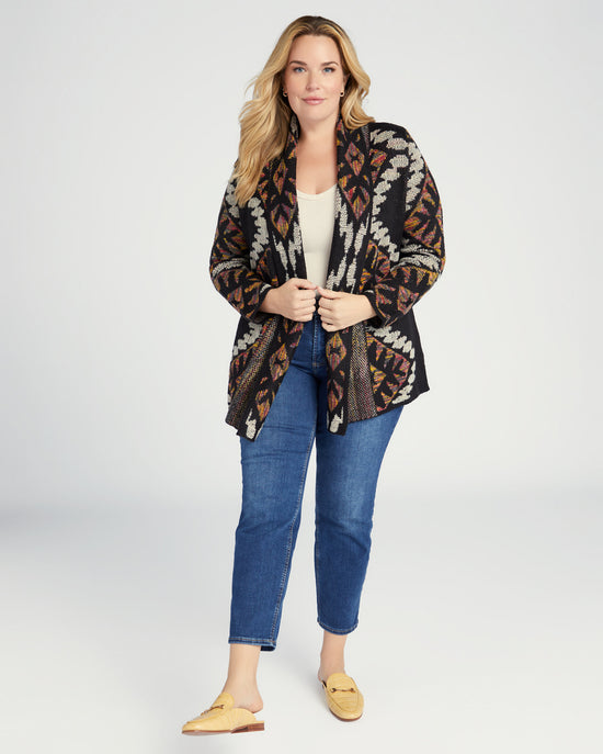 Black $|& Woven Heart Shawl Collar Aztec Print Cardigan - SOF Front