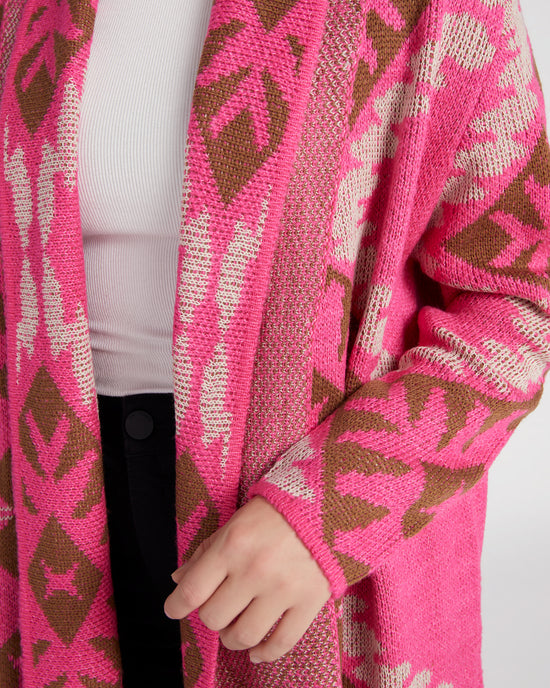 Pink $|& Woven Heart Shawl Collar Aztec Print Cardigan - SOF Detail