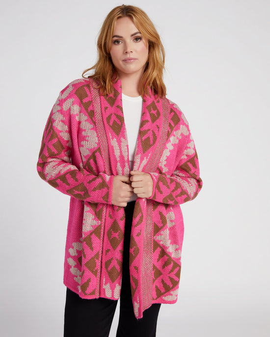 Pink $|& Woven Heart Shawl Collar Aztec Print Cardigan - SOF Front