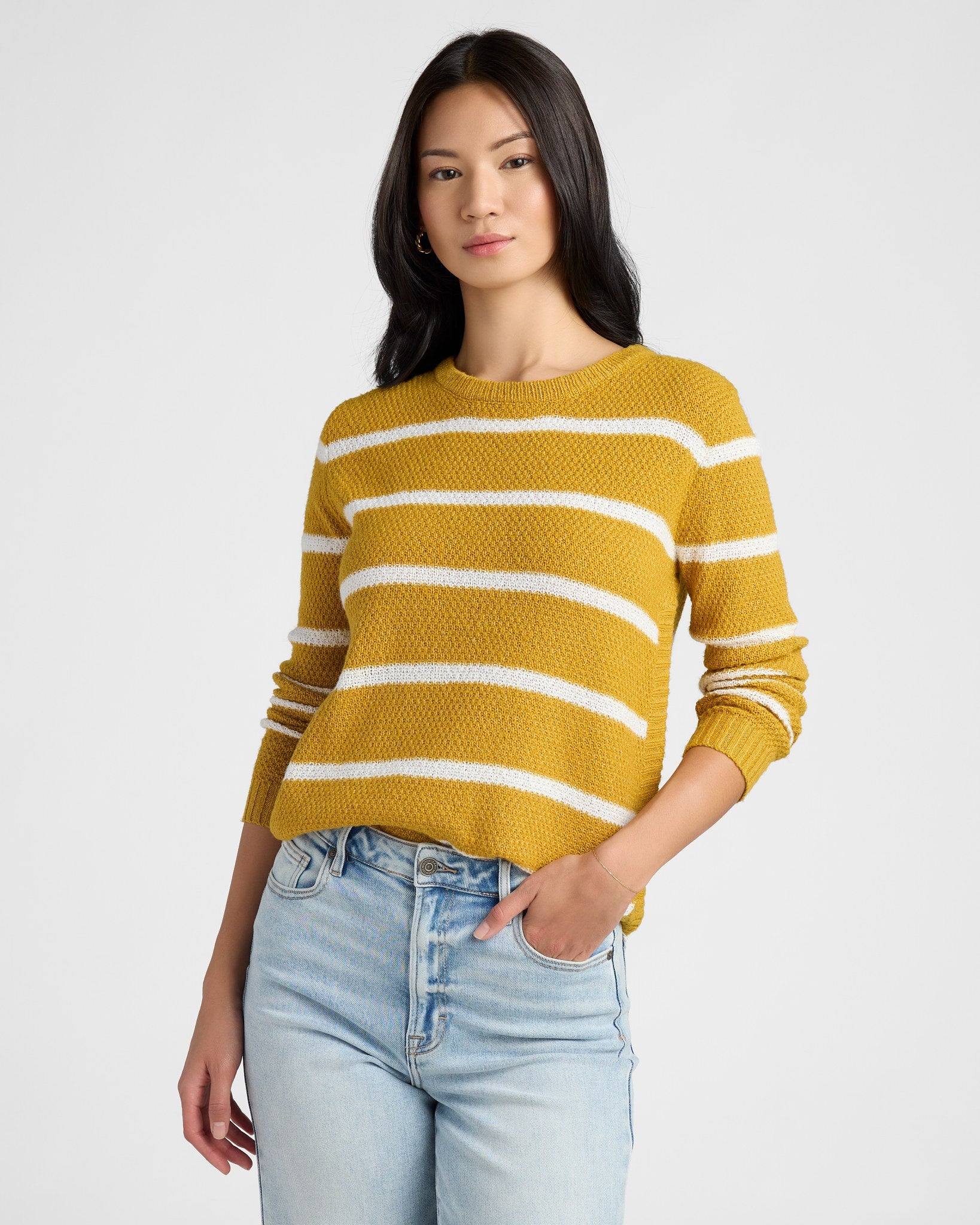 Mustard/Ivory $|& Staccato Waffle Stripe Pullover Sweater - SOF Front