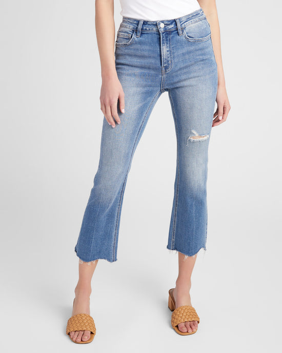 Medium Blue $|& Flying Monkey Jeans Mid Rise Kick Flare Jeans with Uneven Hem - SOF Front