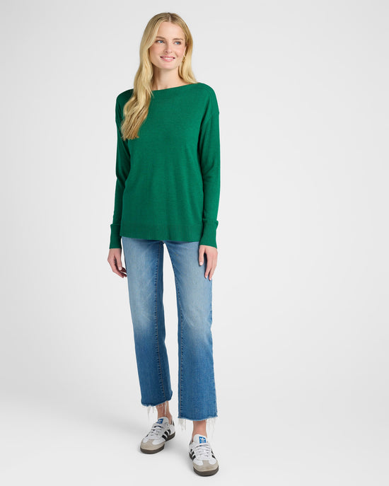 Dark Emerald $|& Staccato Boat Neck Ribbed Side Slit Pullover - SOF Full Front