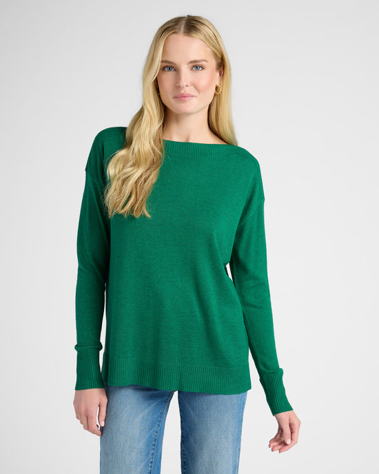 Dark Emerald $|& Staccato Boat Neck Ribbed Side Slit Pullover - SOF Front