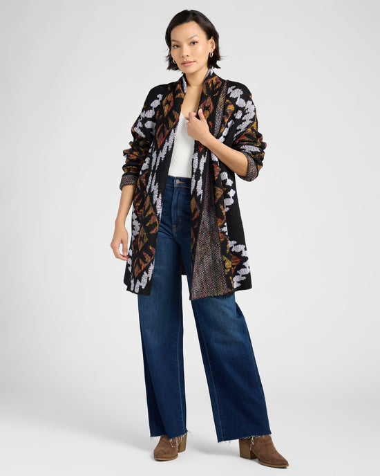 Black $|& Woven Heart Shawl Collar Aztec Print Cardigan - SOF Full Front