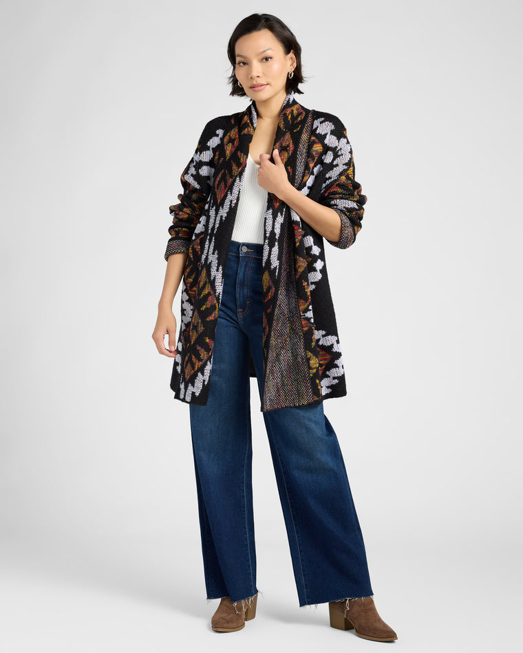 Black $|& Woven Heart Shawl Collar Aztec Print Cardigan - SOF Full Front