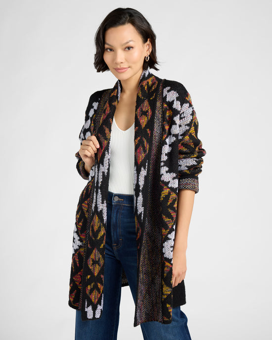 Black $|& Woven Heart Shawl Collar Aztec Print Cardigan - SOF Front