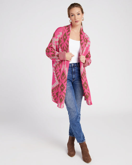 Pink $|& Woven Heart Shawl Collar Aztec Print Cardigan - SOF Front