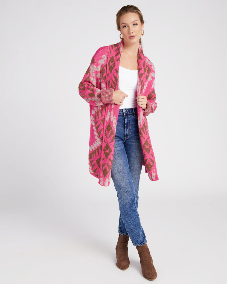 Pink $|& Woven Heart Shawl Collar Aztec Print Cardigan - SOF Front