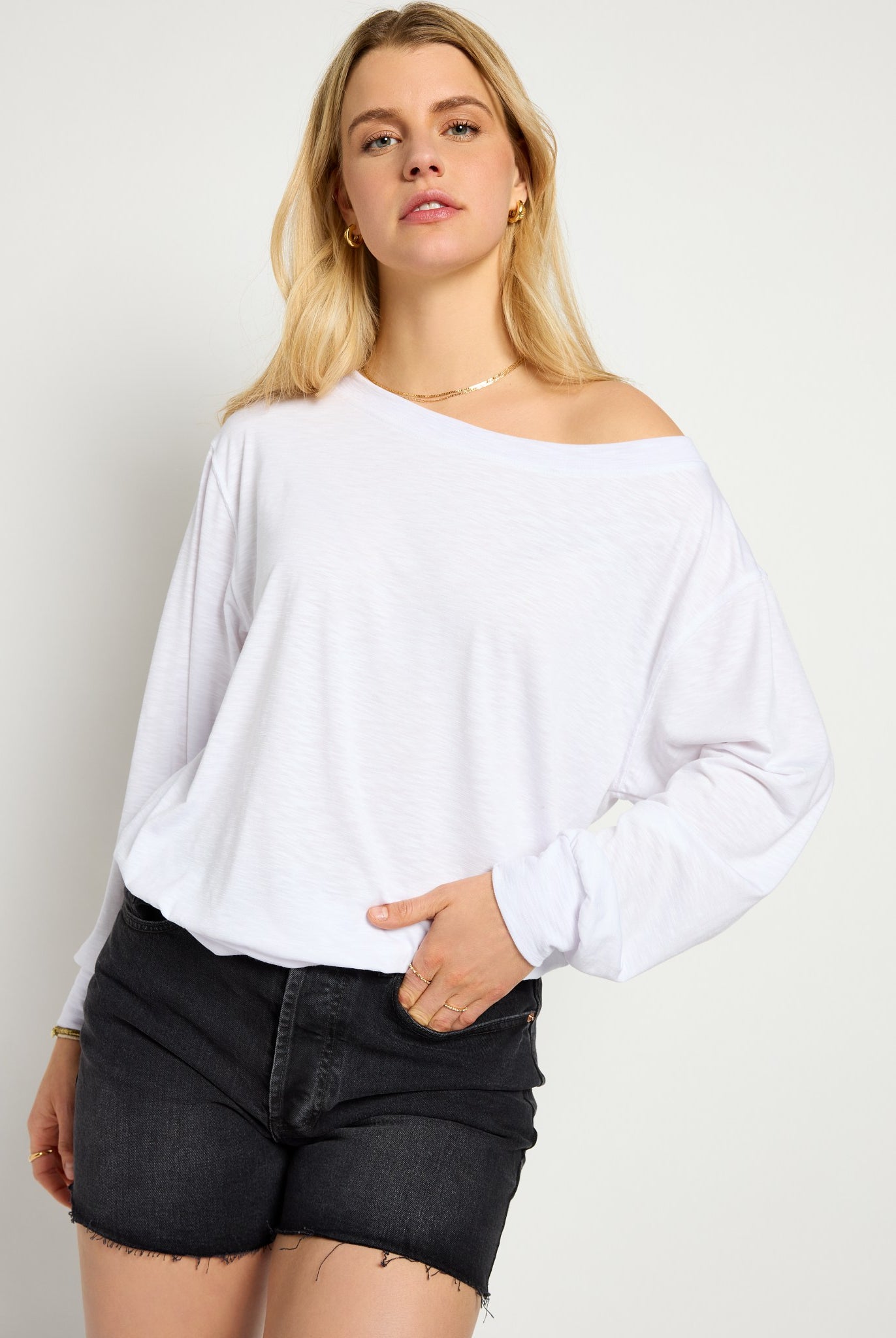 White $|& SEAS Brooksville Slub Off The Shoulder Top - SOF Side