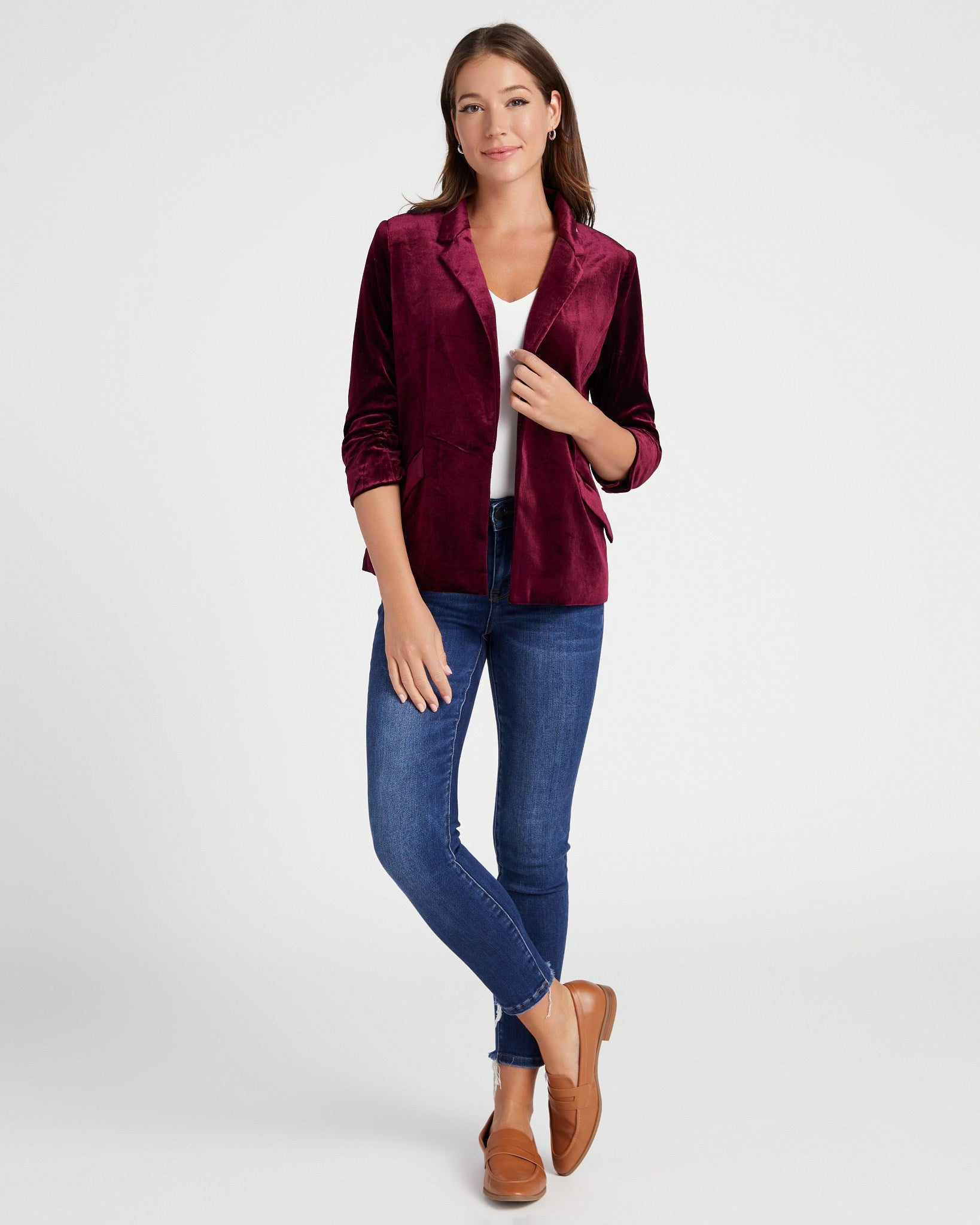 Burgundy $|& Skies Are Blue Velvet Blazer - SOF Full Front