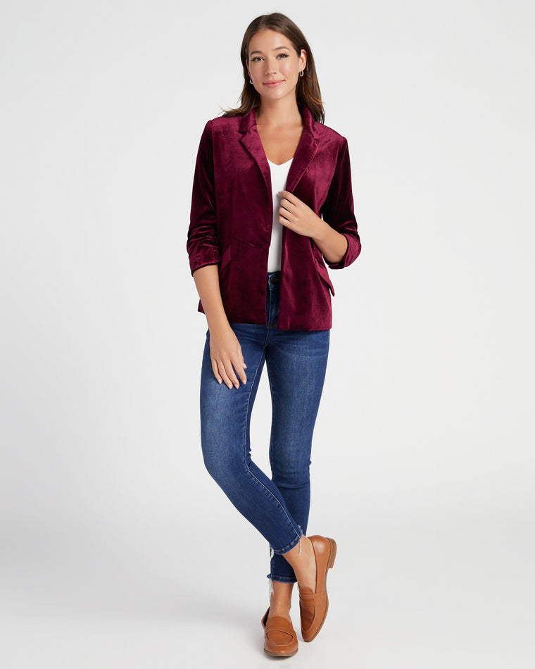 Burgundy $|& Skies Are Blue Velvet Blazer - SOF Full Front