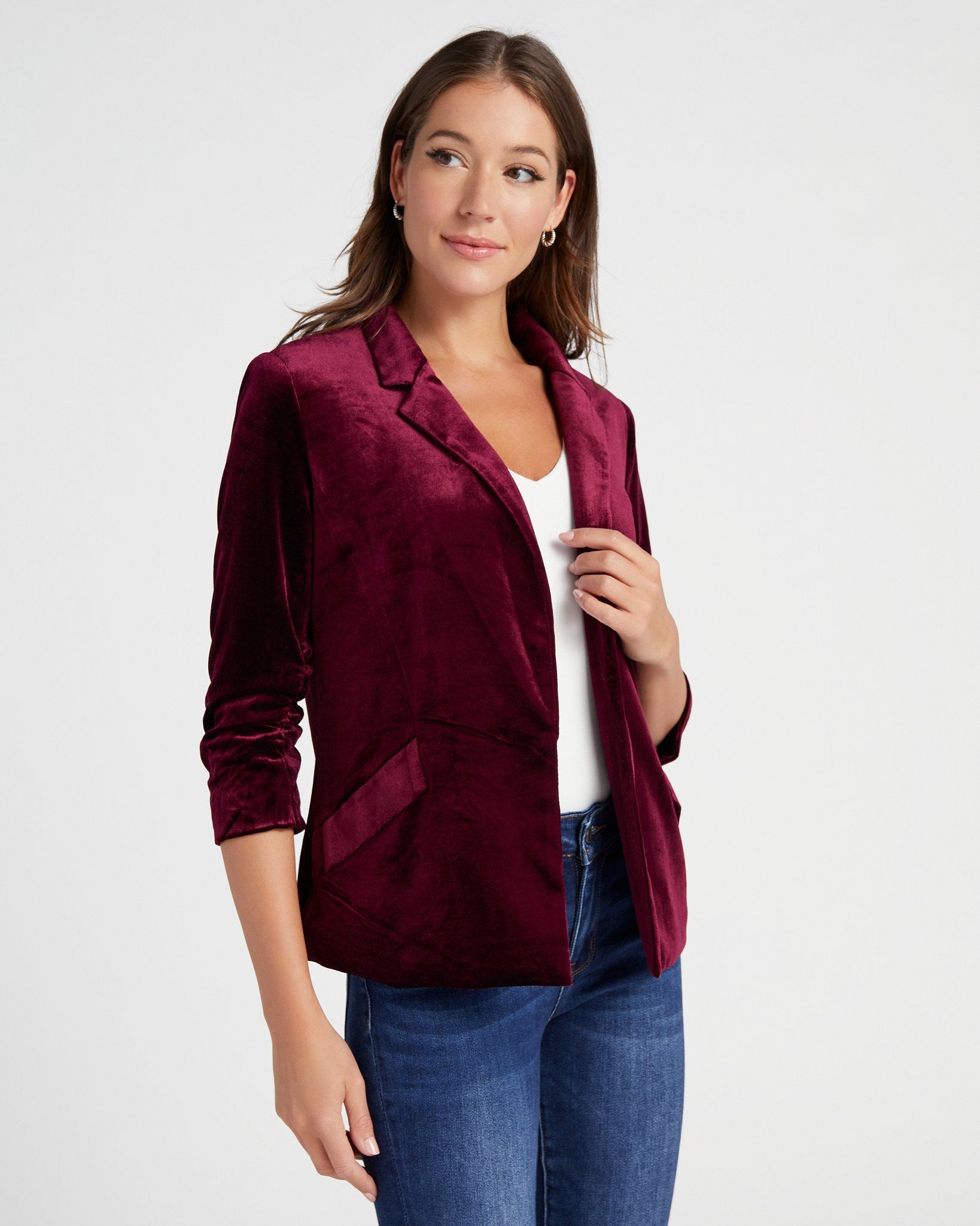 Burgundy $|& Skies Are Blue Velvet Blazer - SOF Front