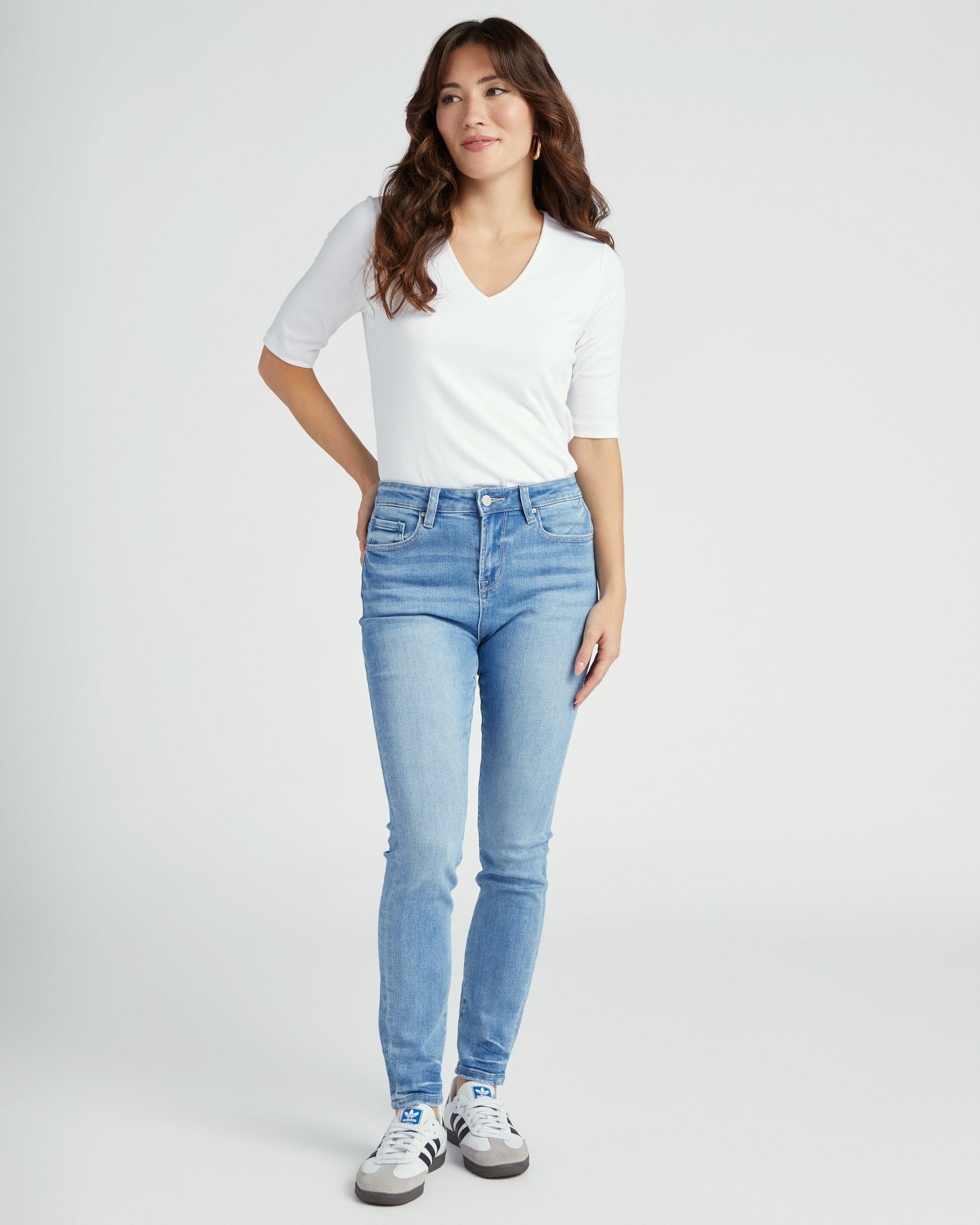 Cream $|& Liverpool Double Layer V-Neck 1/2 Sleeve Ribbed Knit Top - SOF Full Front