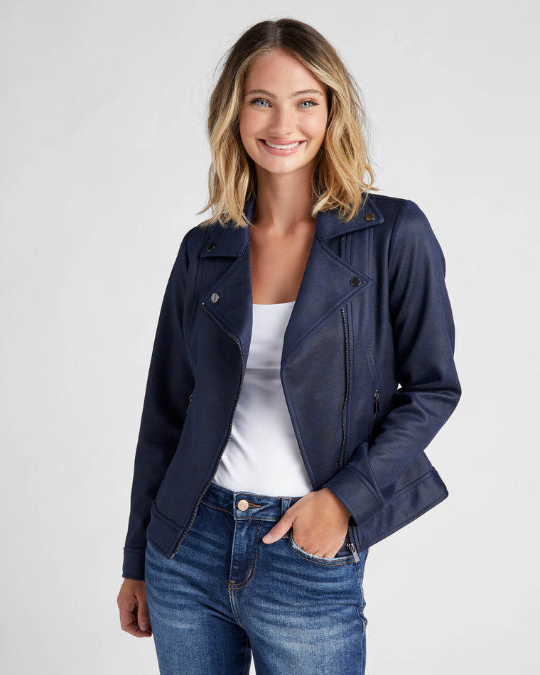 Mystic Navy $|& Liverpool Vegan Leather Moto Jacket - SOF Front