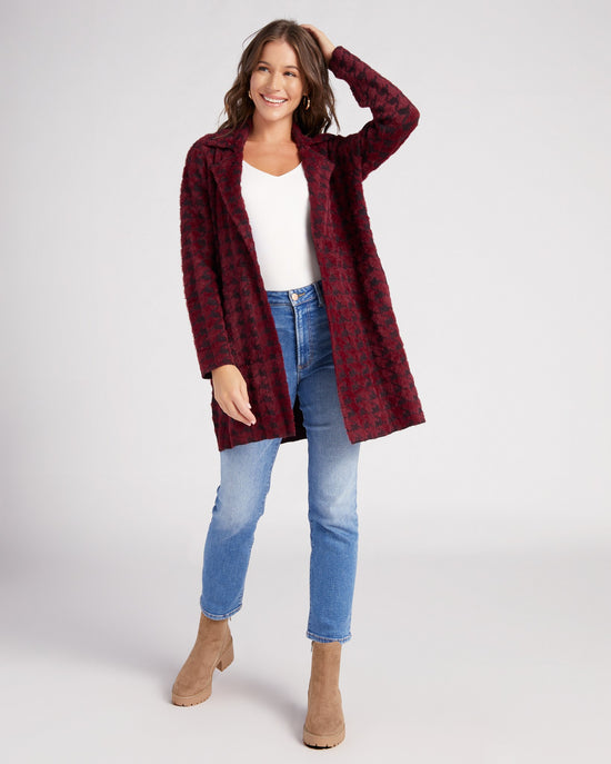 Burgundy Houndstooth $|& Liverpool Plush Sweater Coatigan - SOF Full Front