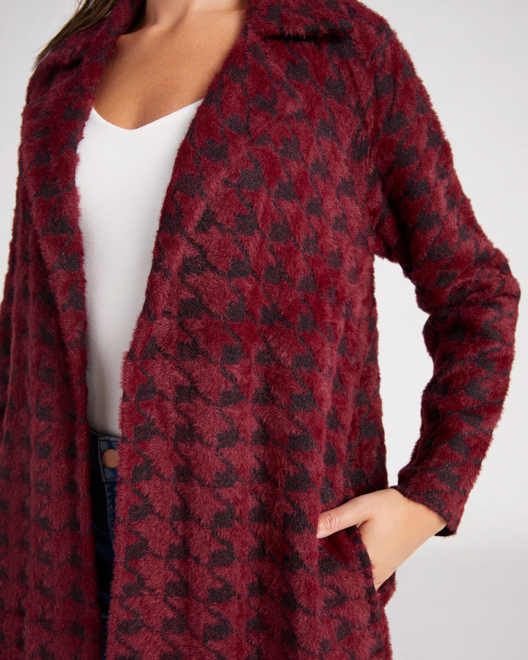 Burgundy Houndstooth $|& Liverpool Plush Sweater Coatigan - SOF Detail