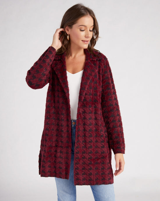 Burgundy Houndstooth $|& Liverpool Plush Sweater Coatigan - SOF Front