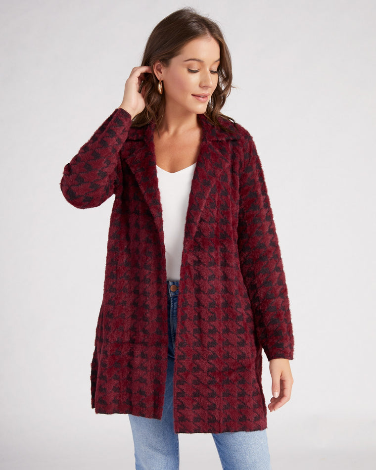 Burgundy Houndstooth $|& Liverpool Plush Sweater Coatigan - SOF Front