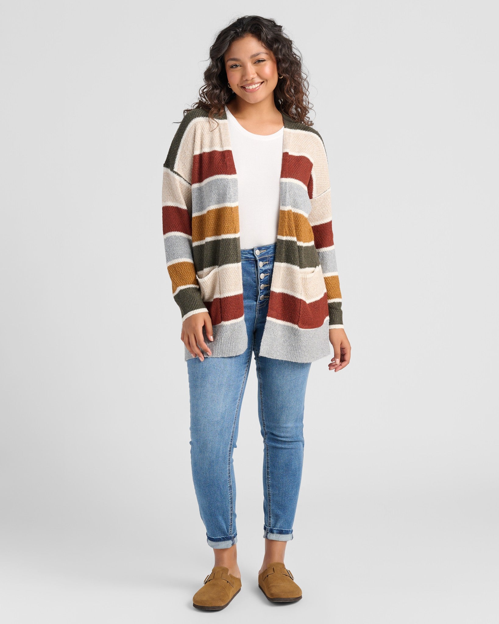 Olive/Oatmeal $|& Staccato Open Front Colorblock Cardigan - SOF Full Front