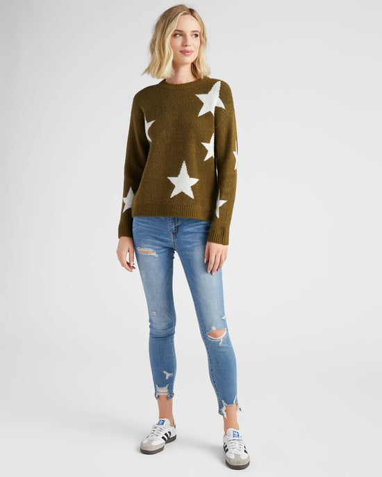 Olive $|& Vigoss Crew Neck Star Print Sweater - SOF Full Front