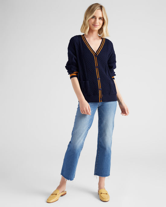 Navy $|& Vigoss Varsity Stripe Cardigan - SOF Full Front
