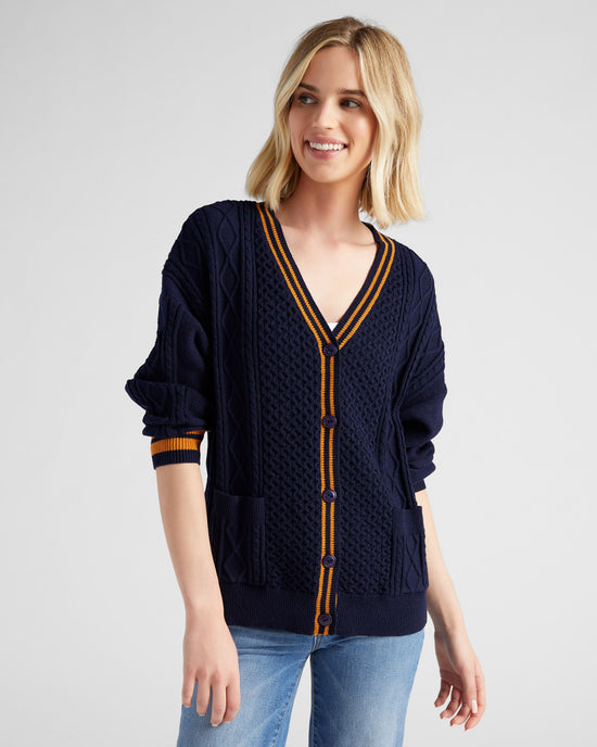 Navy $|& Vigoss Varsity Stripe Cardigan - SOF Front