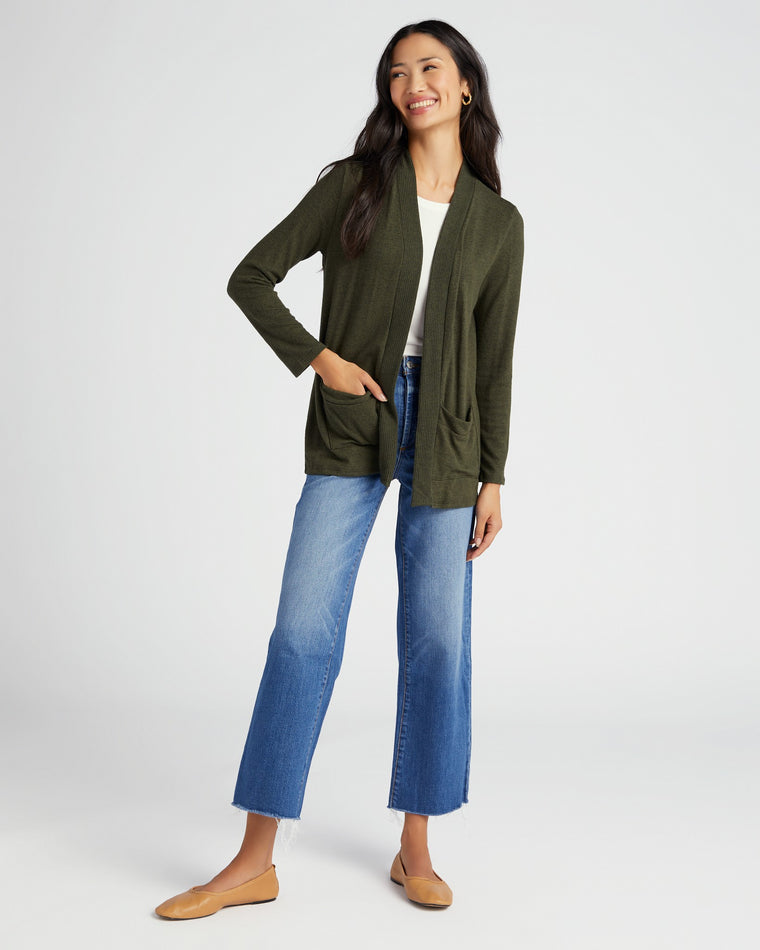 Olive $|& W. by Wantable Brushed Hacci Ribbed Contrast Placket Cardigan - SOF Full Front