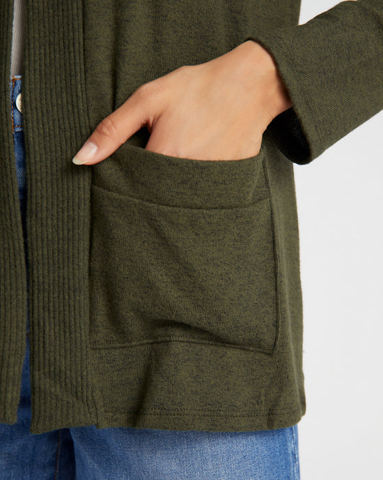 Olive $|& W. by Wantable Brushed Hacci Ribbed Contrast Placket Cardigan - SOF Detail
