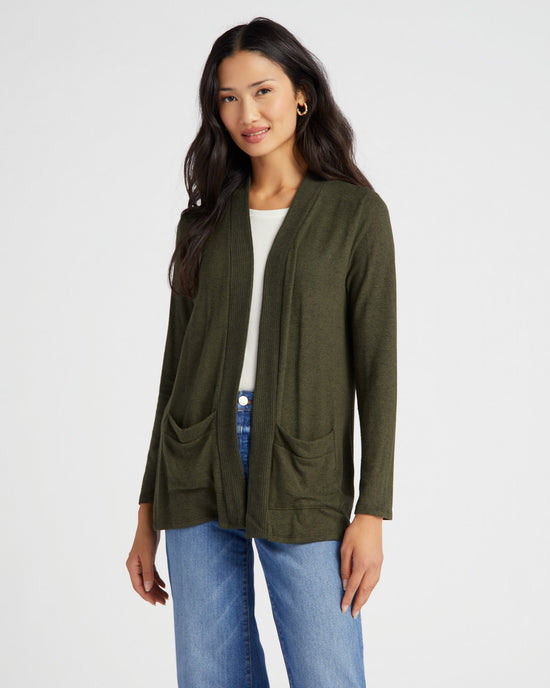 Olive $|& W. by Wantable Brushed Hacci Ribbed Contrast Placket Cardigan - SOF Front