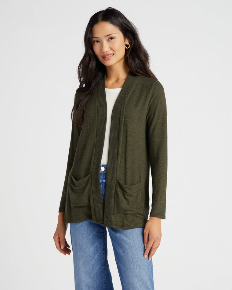 Olive $|& W. by Wantable Brushed Hacci Ribbed Contrast Placket Cardigan - SOF Front