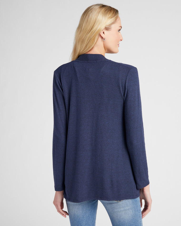 Navy $|& W. by Wantable Brushed Hacci Ribbed Contrast Placket Cardigan - SOF Back