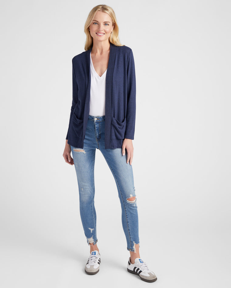 Navy $|& W. by Wantable Brushed Hacci Ribbed Contrast Placket Cardigan - SOF Full Front