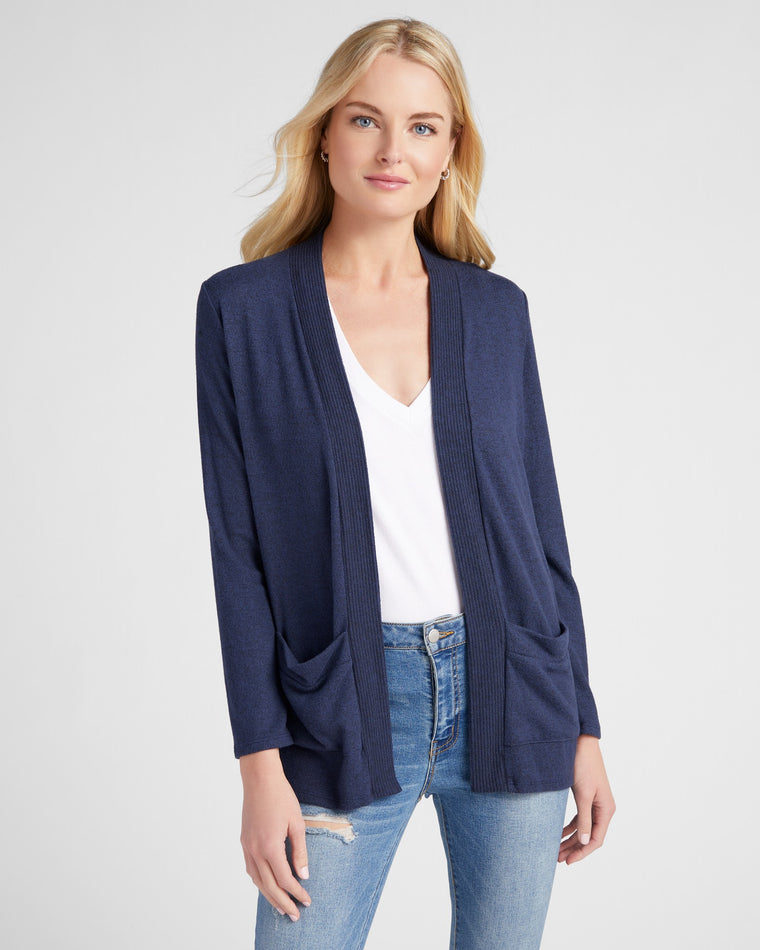 Navy $|& W. by Wantable Brushed Hacci Ribbed Contrast Placket Cardigan - SOF Front