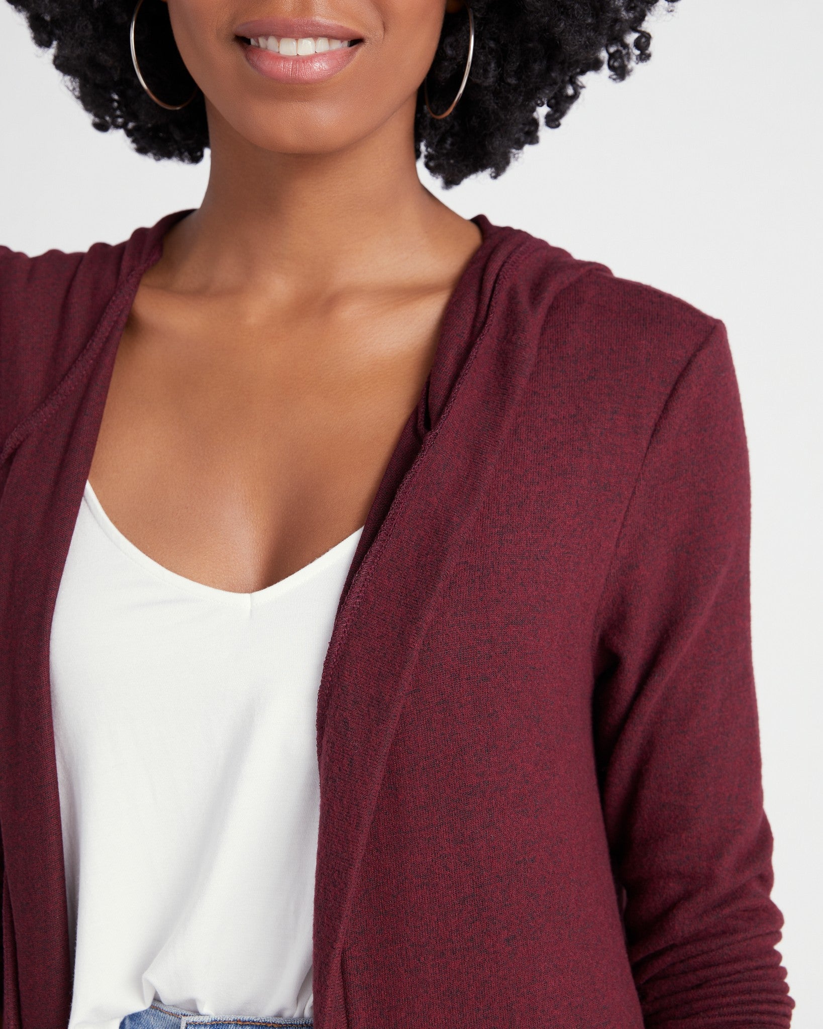 Burgundy $|& W. by Wantable Brushed Hacci Hooded Cardigan - SOF Detail