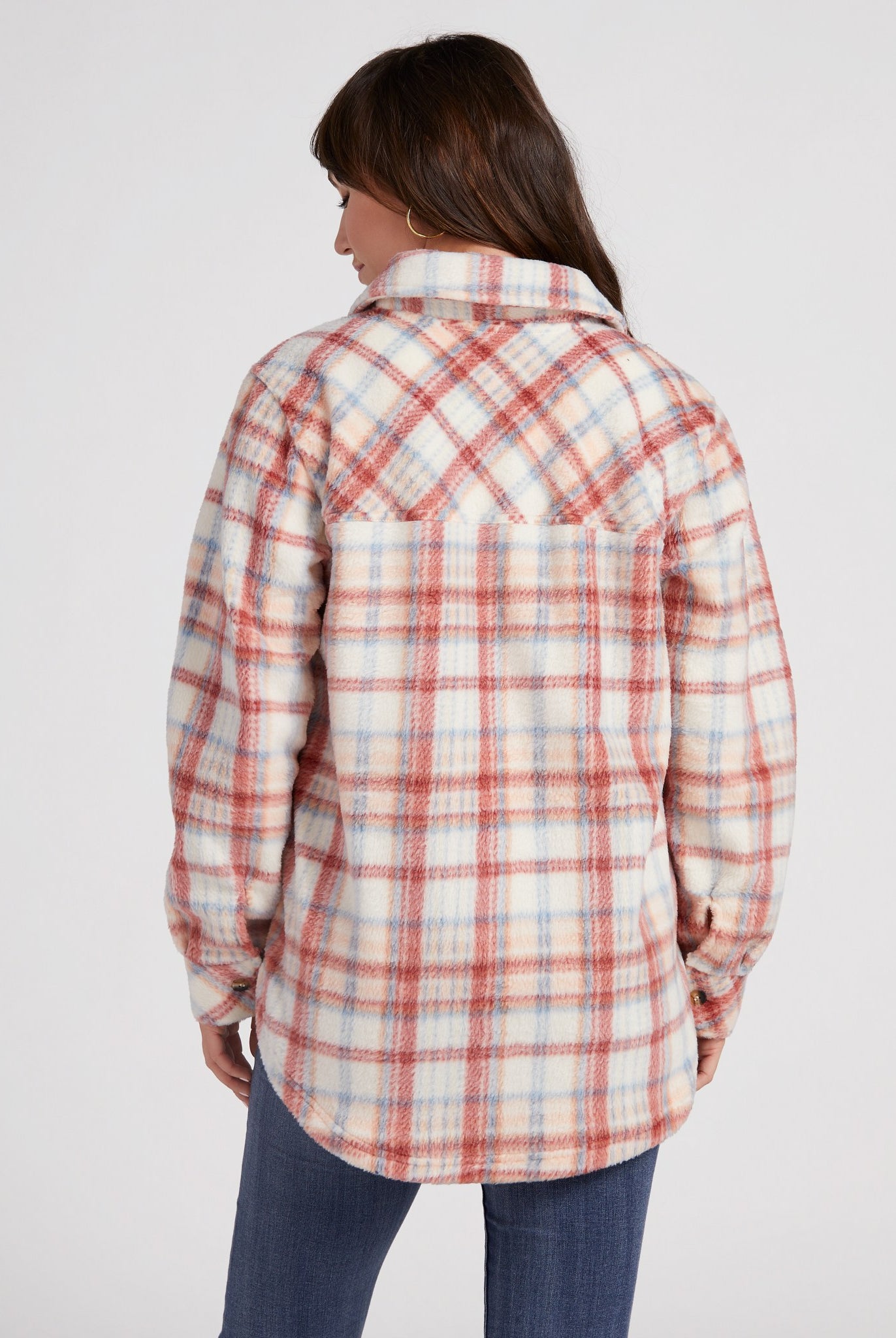 Rust/Blue Plaid $|& Herizon Sunset Sherpa Shacket - SOF Back
