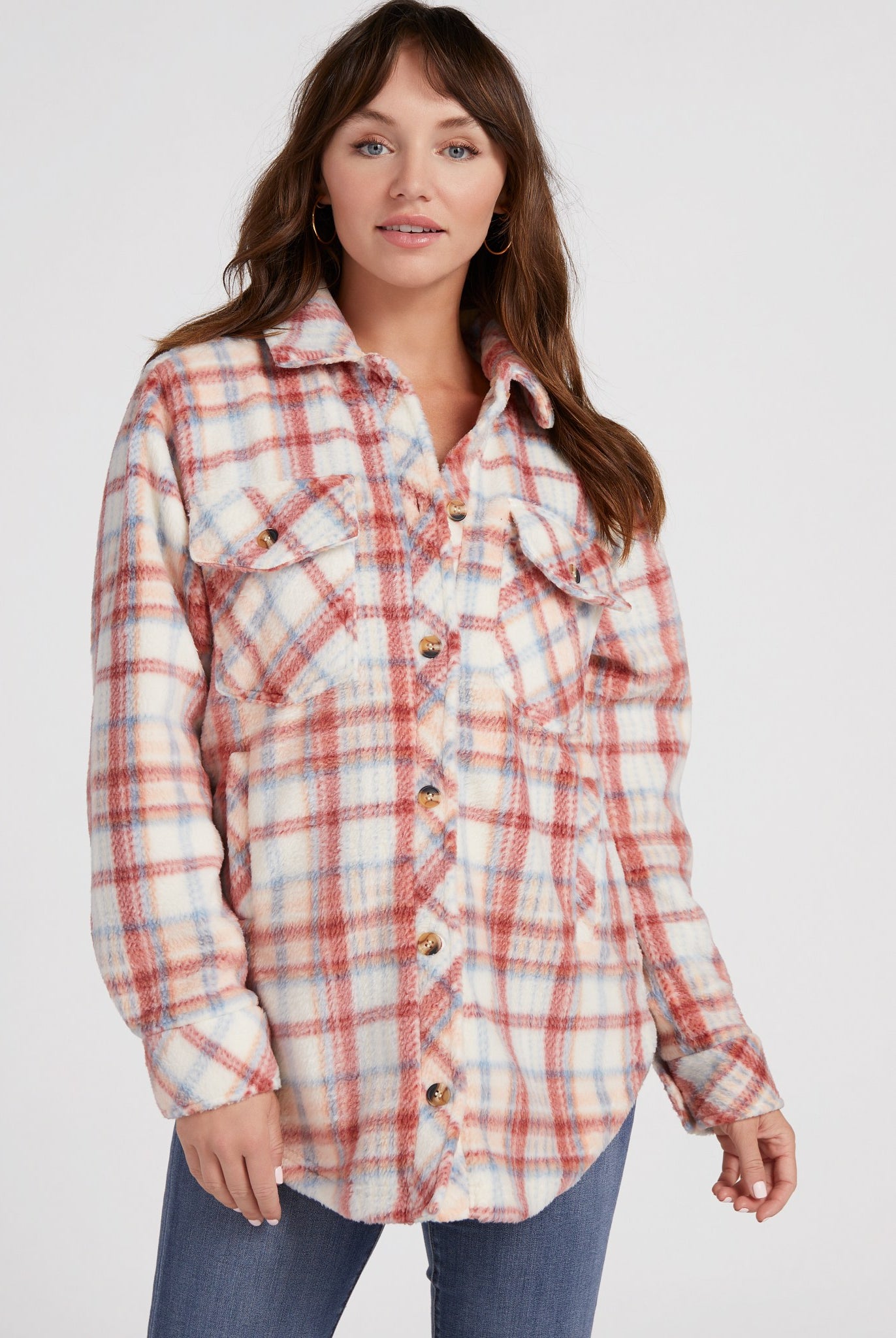 Rust/Blue Plaid $|& Herizon Sunset Sherpa Shacket - SOF Front
