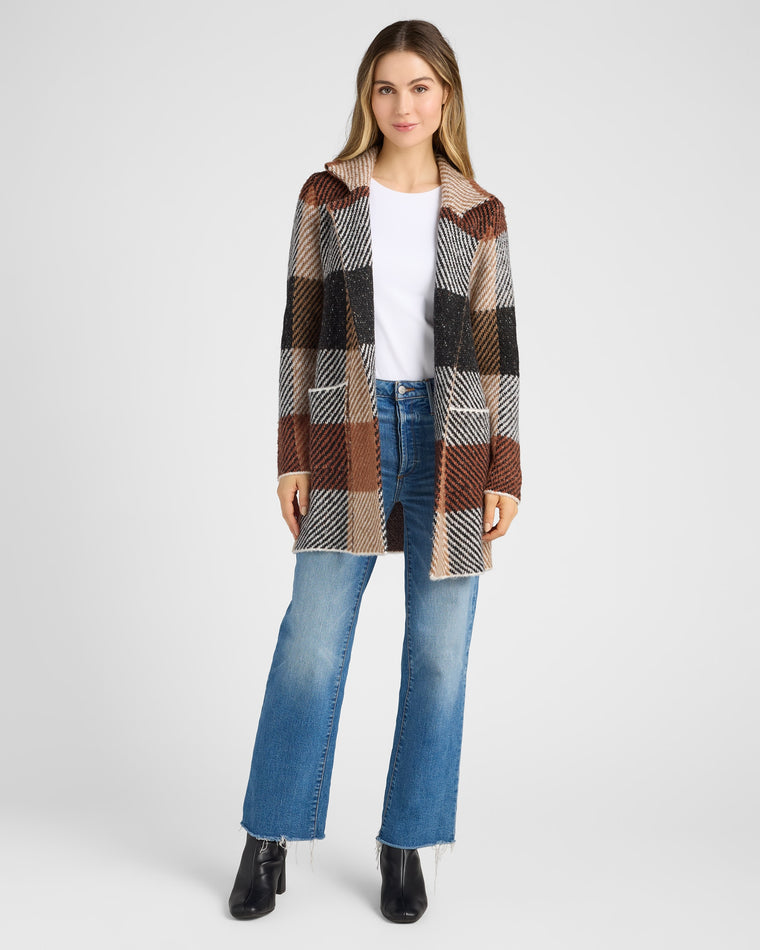 Tan Big Checker $|& OneWorld Sweater Coatigan - SOF Full Front