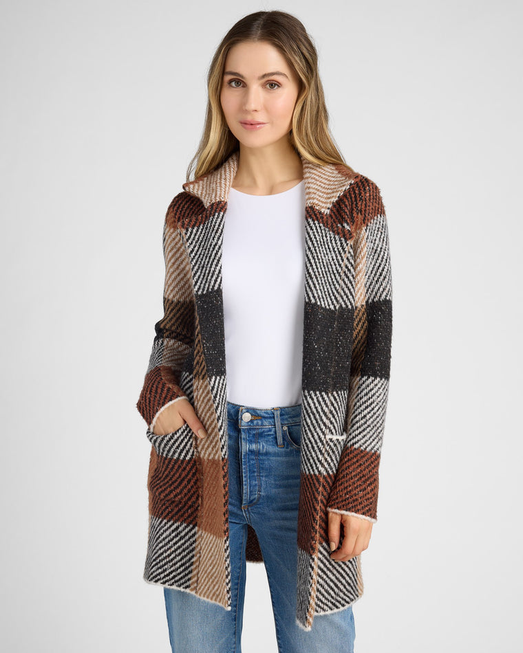 Tan Big Checker $|& OneWorld Sweater Coatigan - SOF Front