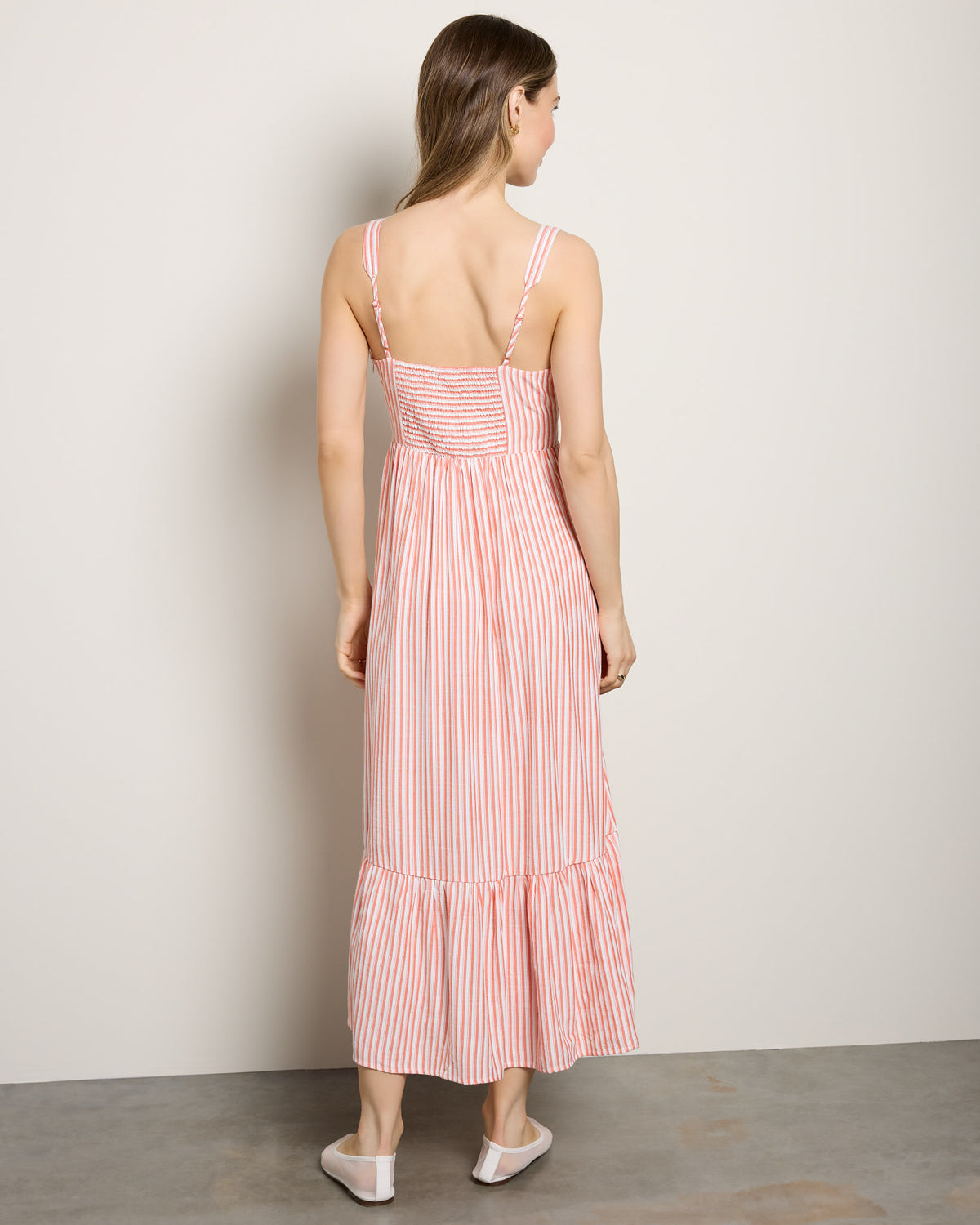 Coral-Red-White $|& Skies Are Blue Striped Sweetheart Maxi Dress - SOF Back