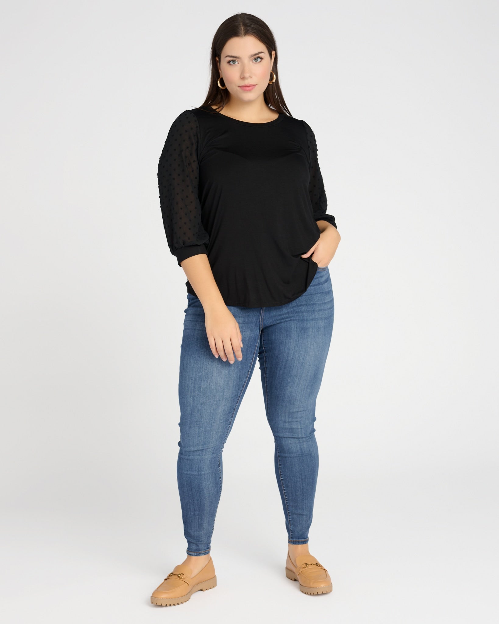 Black $|& West Kei 3/4 Sleeve Knit Body Swiss Dot Sleeve Top - SOF Full Front